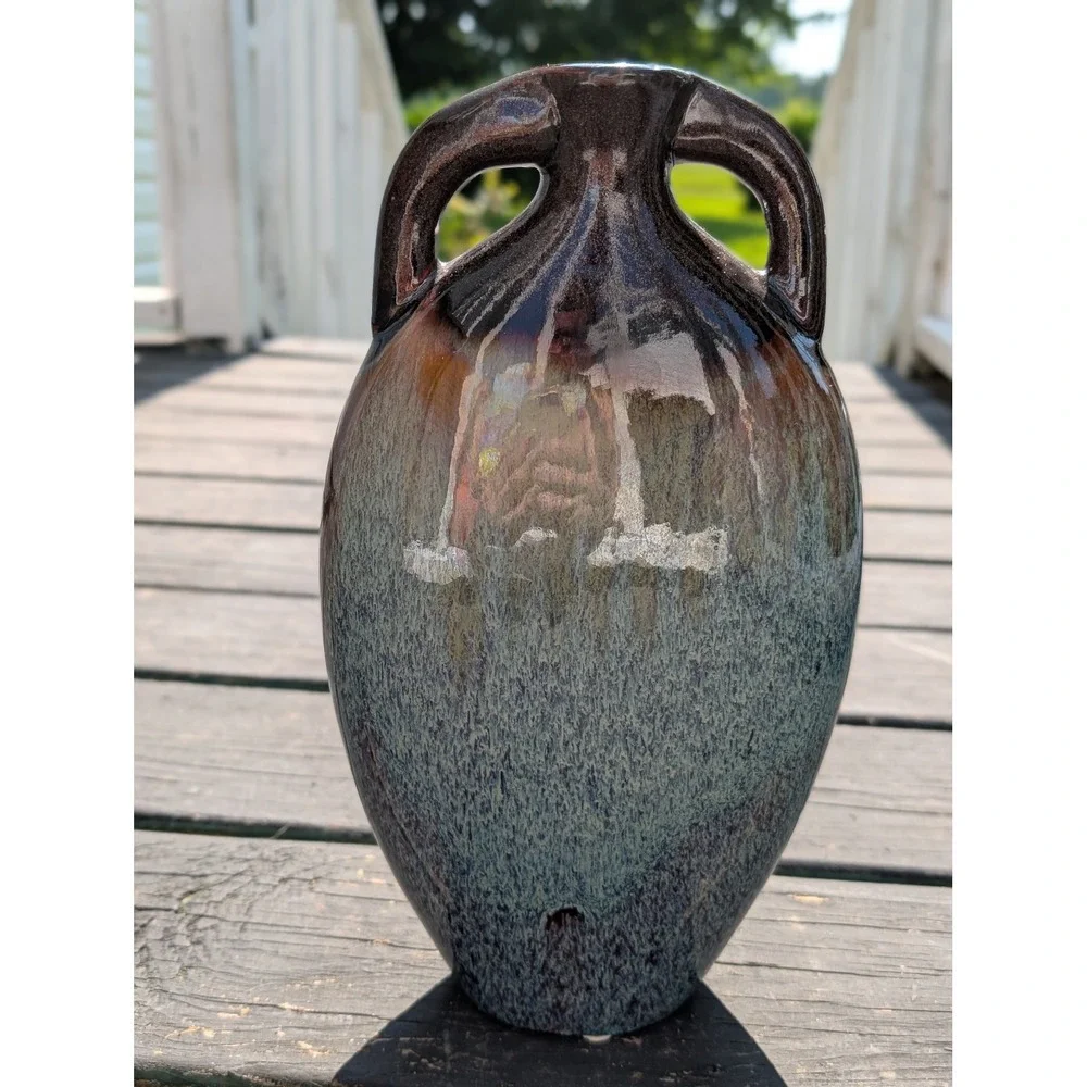 Vintage Ceramic Vase Medium Blue Brown Excellent Drip Glaze Amphora Decor